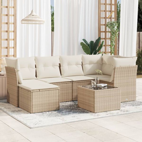 vidaXL 7-delige Loungeset met kussens poly rattan beige