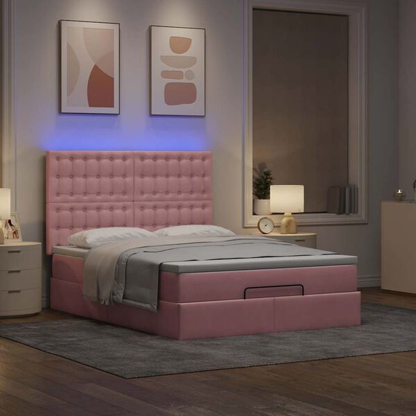 vidaXL Ottoman bed met matrassen en LED's 140x200cm fluweel roze