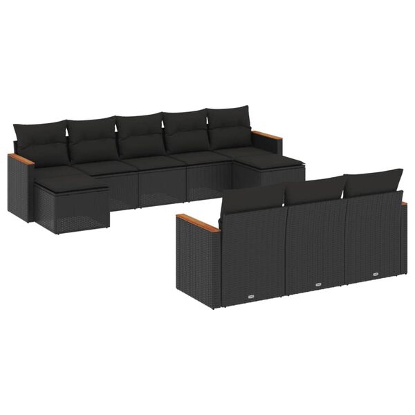 vidaXL 10-delige Loungeset met kussens poly rattan zwart