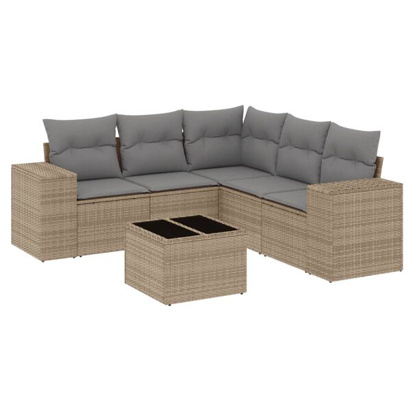 vidaXL 6-delige Loungeset met kussens poly rattan beige