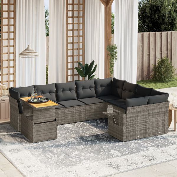 vidaXL 10-delige Loungeset met kussens poly rattan grijs