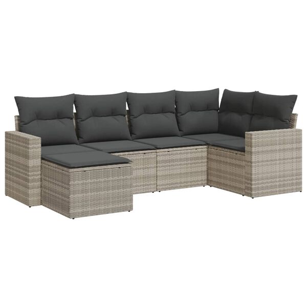vidaXL 6-delige Loungeset met kussens poly rattan lichtgrijs