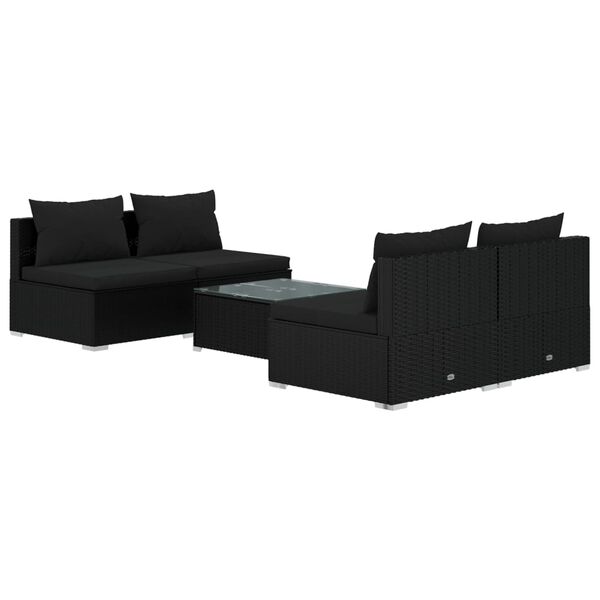 vidaXL 5-delige Loungeset met kussens poly rattan zwart