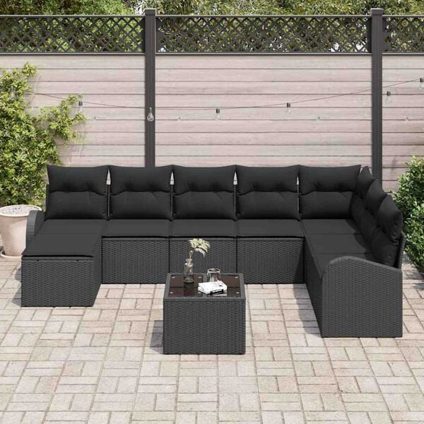 vidaXL Bankstel met kussen met opslag 9 pcs Zwart poly rattan
