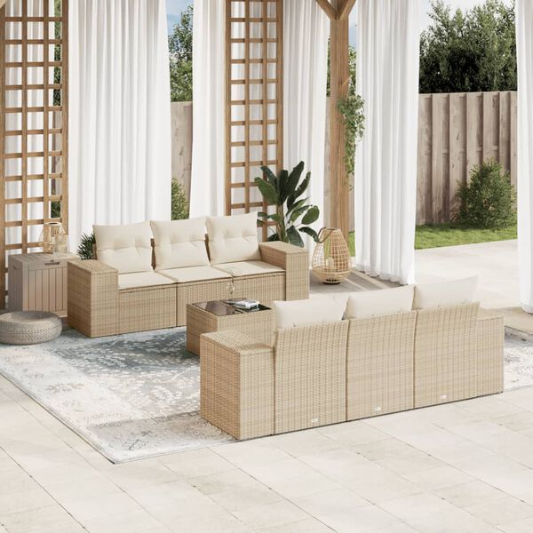 vidaXL 7-delige Loungeset met kussens poly rattan beige