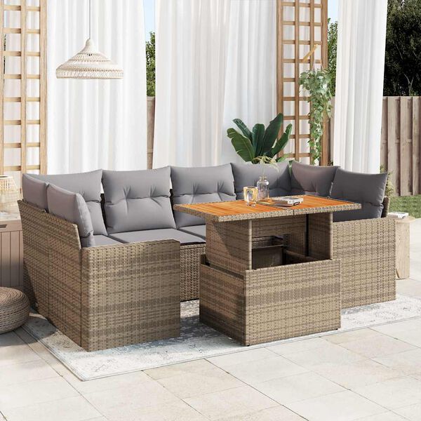 vidaXL 7-delige Loungeset met kussens poly rattan beige