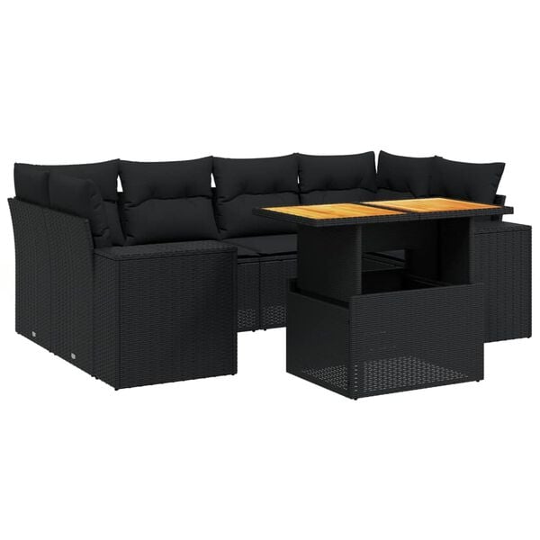 vidaXL 7-delige Loungeset met kussens poly rattan zwart