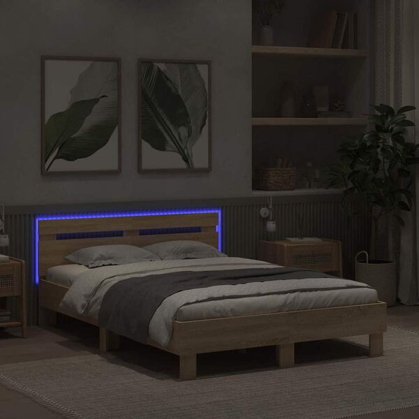 vidaXL Bedframe met LED Sonoma 137 x 190 cm Bewerkt hout