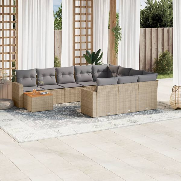 vidaXL 11-delige Tuinset met kussens poly rattan beige