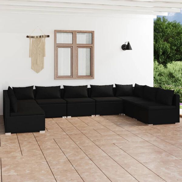 vidaXL 9-delige Loungeset met kussens poly rattan zwart