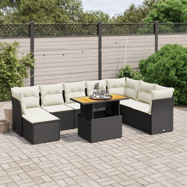 vidaXL 9-delige Loungeset met kussens poly rattan zwart