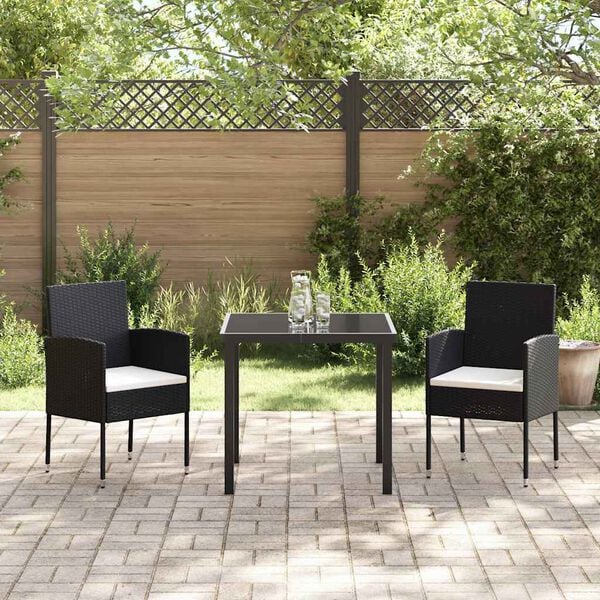 vidaXL Tuin eettafelset met kussen 3 pcs Zwart poly rattan