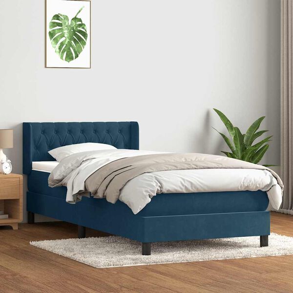 vidaXL Boxspring met matras fluweel donkerblauw 100x220 cm