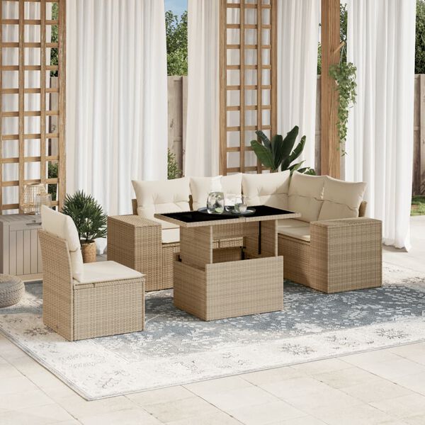 vidaXL 6-delige Loungeset met kussens poly rattan beige
