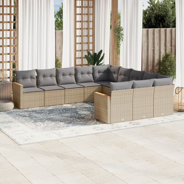 vidaXL 11-delige Loungeset met kussens poly rattan gemengd beige