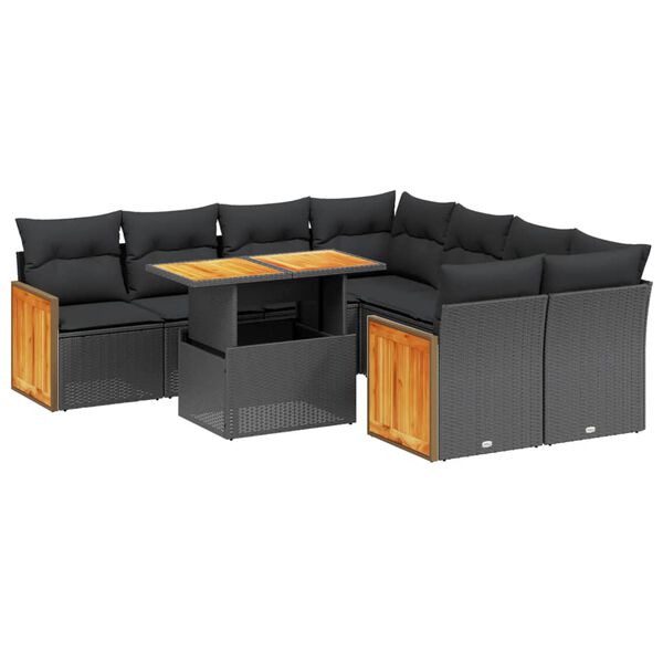 vidaXL 9-delige Loungeset met kussens poly rattan zwart