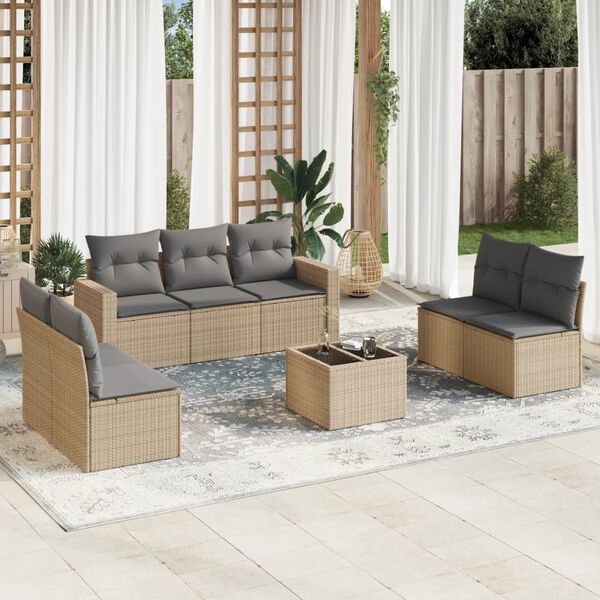vidaXL 8-delige Loungeset met kussens poly rattan beige
