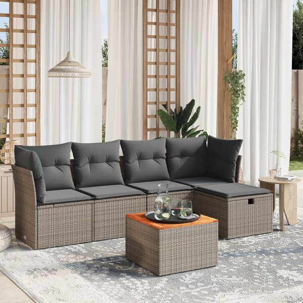 vidaXL 6-delige Loungeset met kussens poly rattan grijs