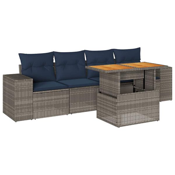 vidaXL 5-delige Loungeset met kussens poly rattan grijs