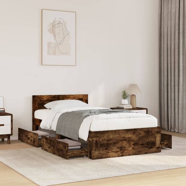 vidaXL Bedframe met hoofdeinde bewerkt hout gerookt eiken 100x200 cm