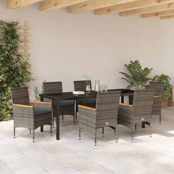 vidaXL Tuin eettafelset met kussen 7 pcs Grijs poly rattan