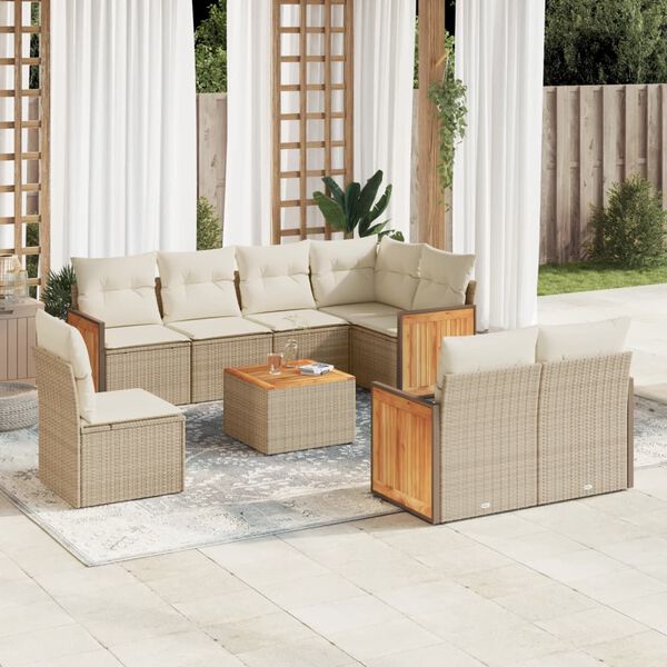 vidaXL 9-delige Loungeset met kussens poly rattan beige