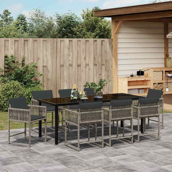 vidaXL Tuin eettafelset 9 pcs Grijs poly rattan