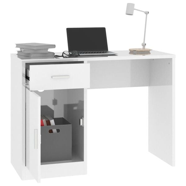 vidaXL Bureau met kast en lade 100x40x73 cm bewerkt hout hoogglans wit