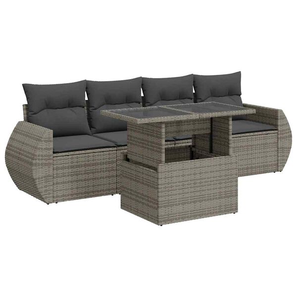 vidaXL 5-delige Loungeset met kussens poly rattan grijs
