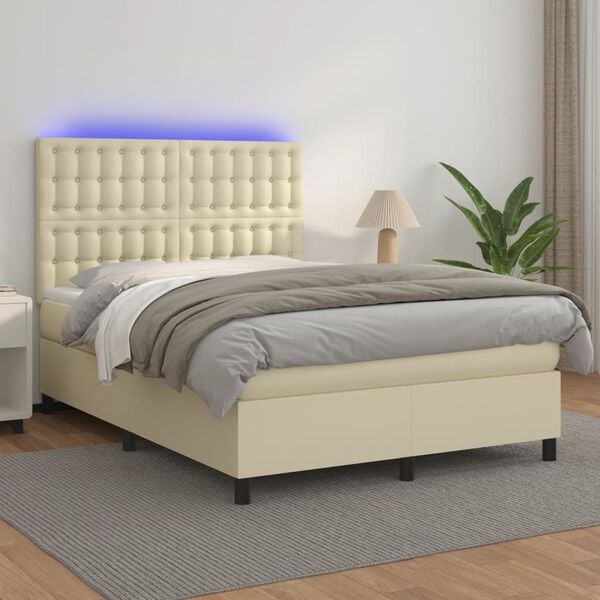 vidaXL Boxspring met matras en LED kunstleer cr&egrave;mekleurig 140x190 cm