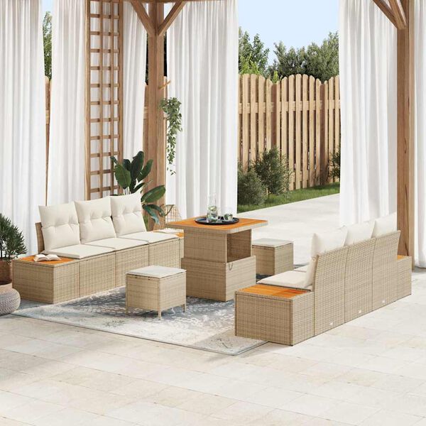 vidaXL Tuinbankenset met kussen met opslag 9 pcs Beige Poly riet