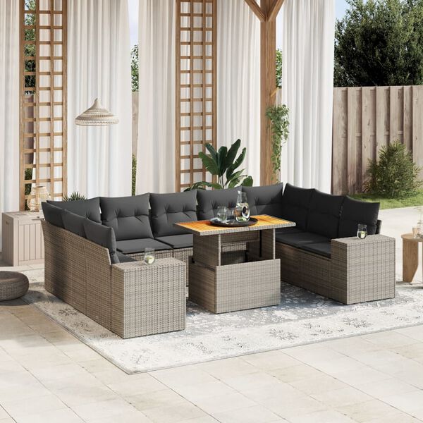 vidaXL 10-delige Loungeset met kussens poly rattan grijs