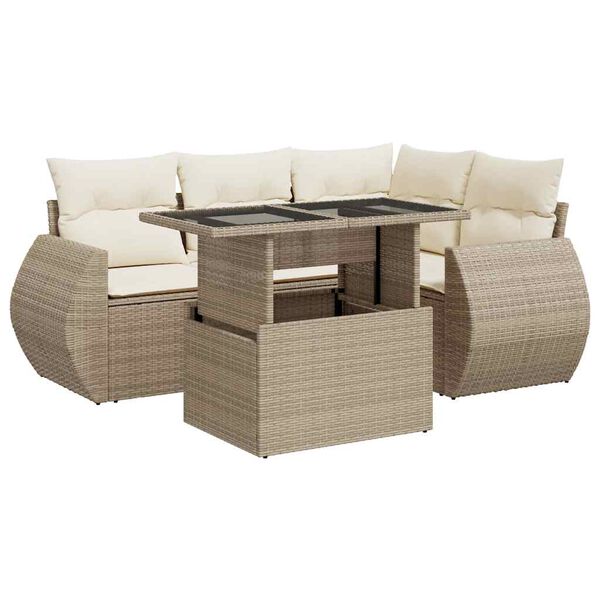 vidaXL 5-delige Loungeset met kussens poly rattan beige