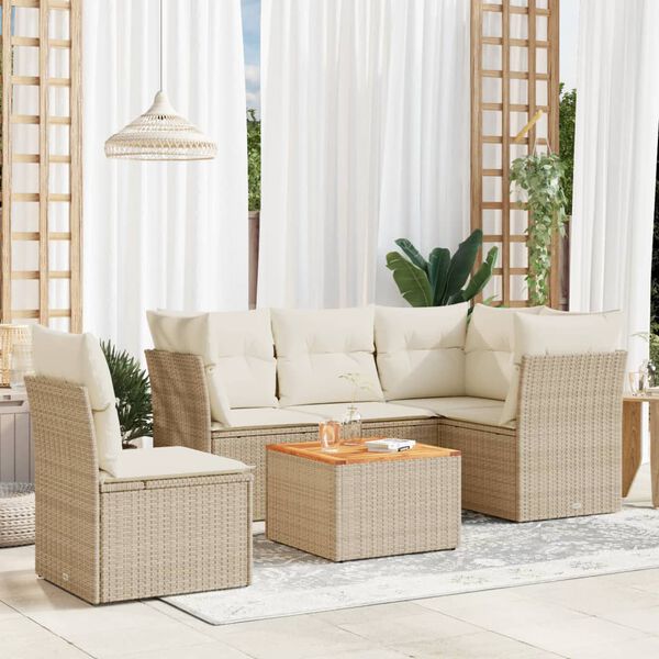 vidaXL 6-delige Loungeset met kussens poly rattan beige