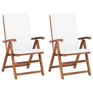 vidaXL Verstelbare klapstoelen met kussens, 2 stuks, massief teakhout, cr&egrave;mekleurig.