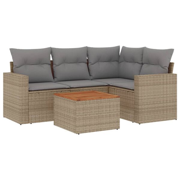 vidaXL 5-delige Loungeset met kussens poly rattan beige