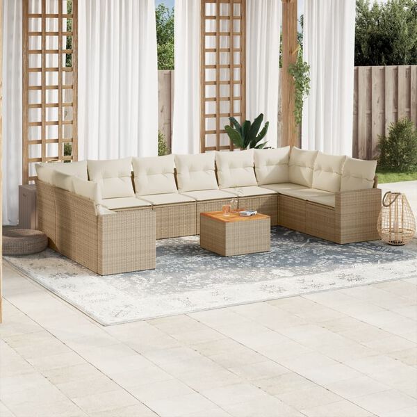 vidaXL 11-delige Tuinset met kussens poly rattan beige
