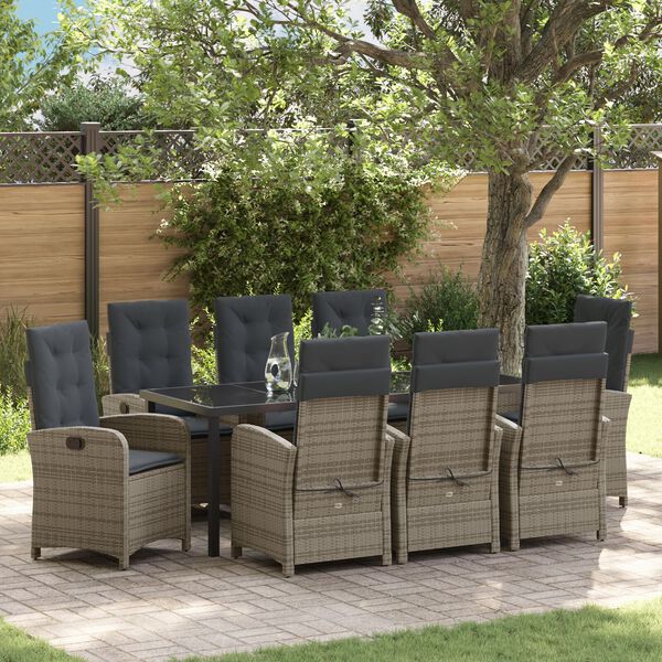 vidaXL Tuin eettafelset met kussen 9 pcs Grijs poly rattan