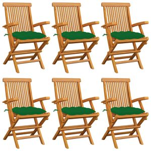 vidaXL Klapstoelen met groene kussens, 6 stuks, massief teakhout