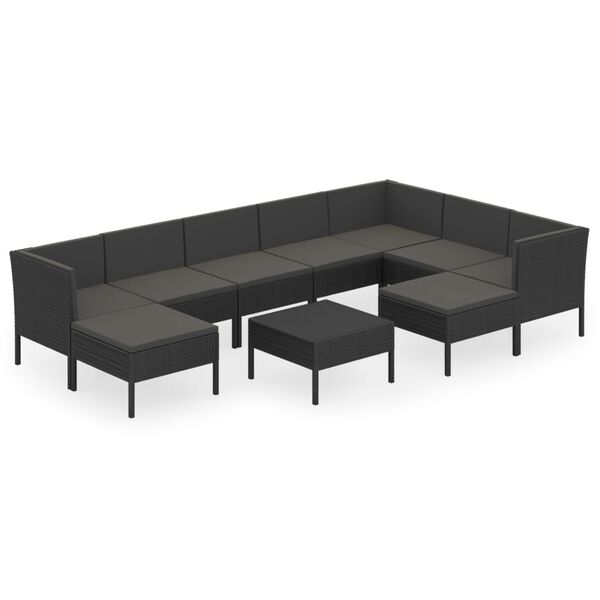 vidaXL 10-delige Loungeset met kussens poly rattan zwart