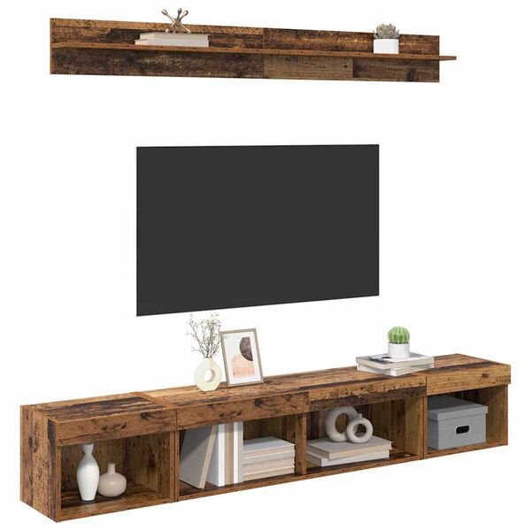 vidaXL TV Wandkast Set met LED 5 pcs Oudhout Bewerkt hout