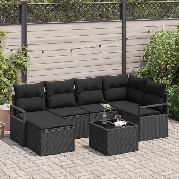 vidaXL Bankstel met kussen met opslag 7 pcs Zwart poly rattan