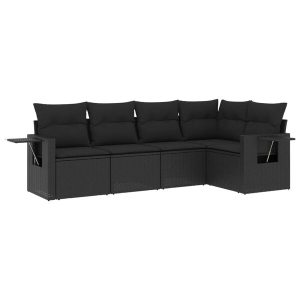 vidaXL 5-delige Loungeset met kussens poly rattan zwart