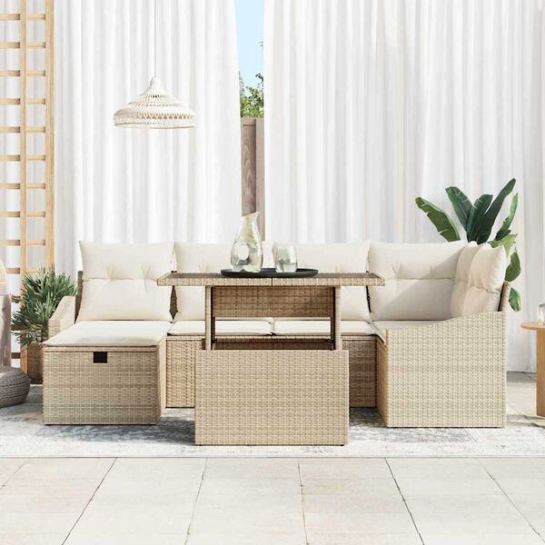 vidaXL Tuin Sofa Set met kussen met opslag 7 pcs Beige Poly riet