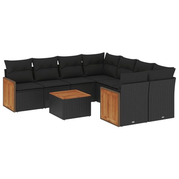 vidaXL 9-delige Loungeset met kussens poly rattan zwart