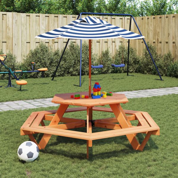 vidaXL Picknicktafel voor 4 kinderen met parasol zeshoekig vurenhout