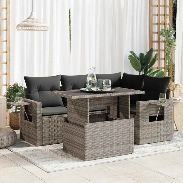 vidaXL 5-delige Loungeset met kussens poly rattan grijs