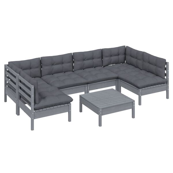 vidaXL 7-delige Loungeset met kussens massief grenenhout grijs