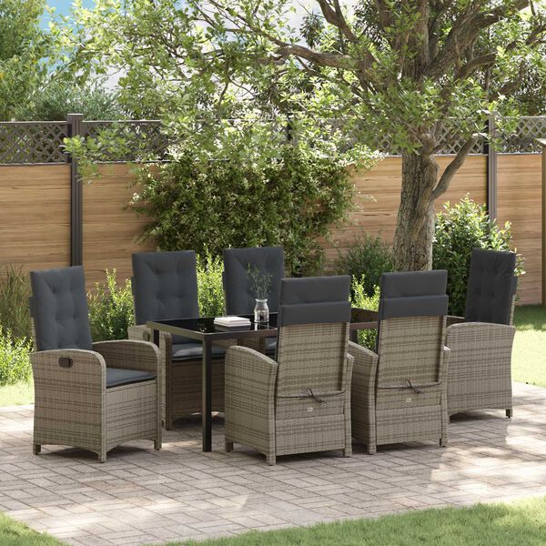 vidaXL Tuin eettafelset met kussen 7 pcs Grijs poly rattan