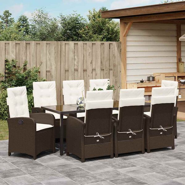 vidaXL Tuin eettafelset met kussen 9 pcs Bruin poly rattan